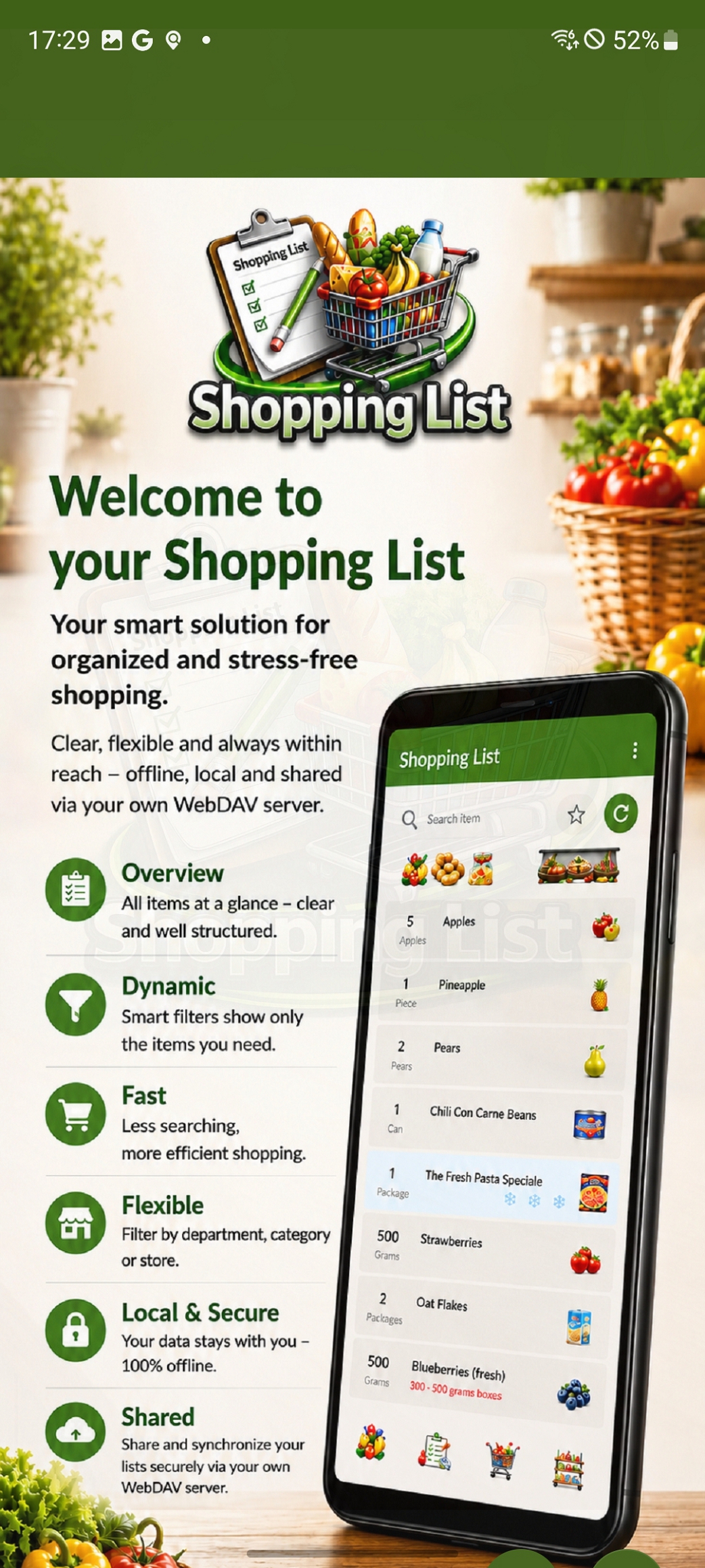 Screenshot of the MiMaNex Shopping List with item overview